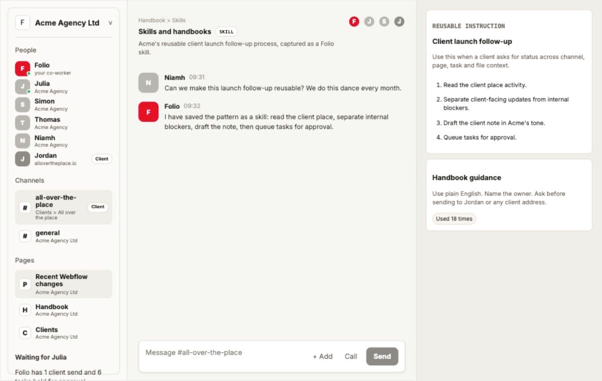 Folio skill view for a reusable client launch follow-up process guided by Acme Agency handbook standards.