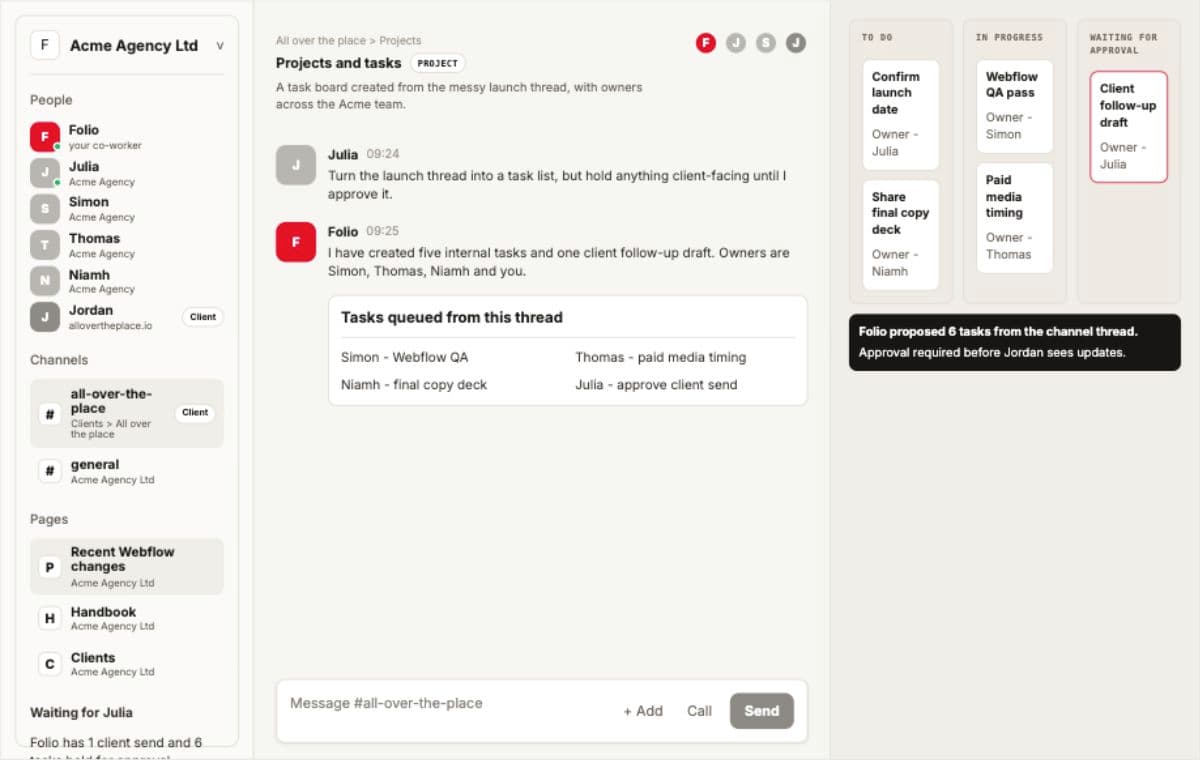 Folio launch task board with work assigned to Julia, Simon, Thomas and Niamh and a client follow-up waiting for approval.